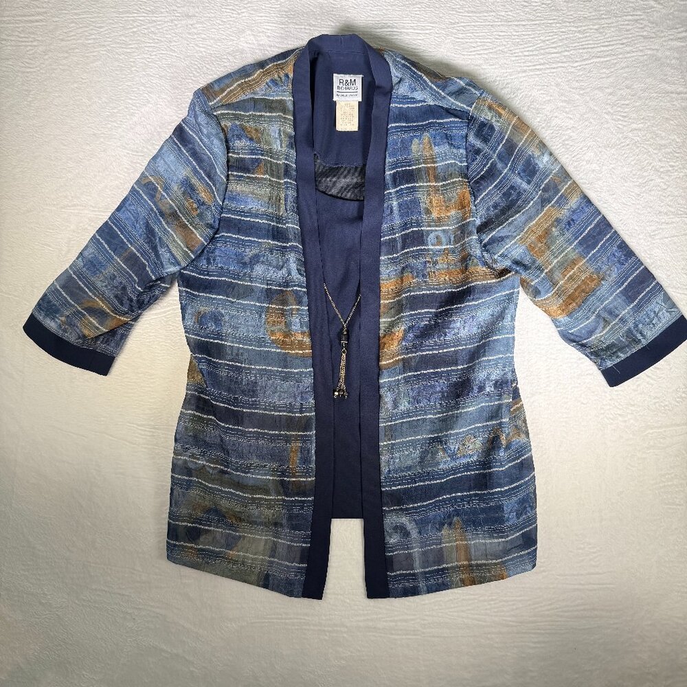 R&M Richards by Karen Kwong Jacket Vtg Attached Mock Tee & Necklace Sz 16 Blue